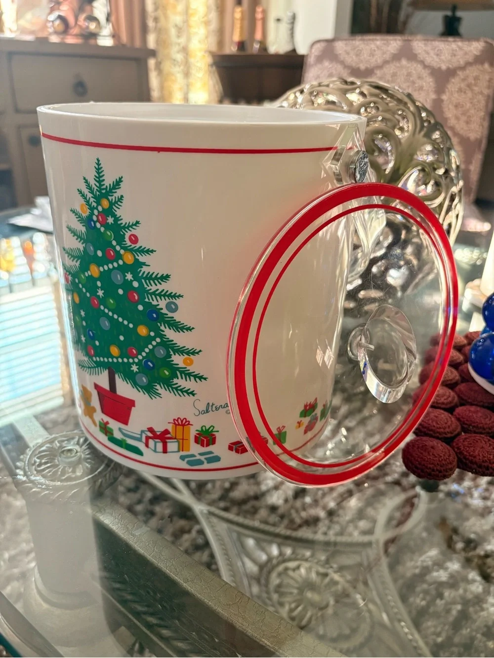 Saltera Vintage plastic Ice Bucket Canister with Green Christmas Tree Print